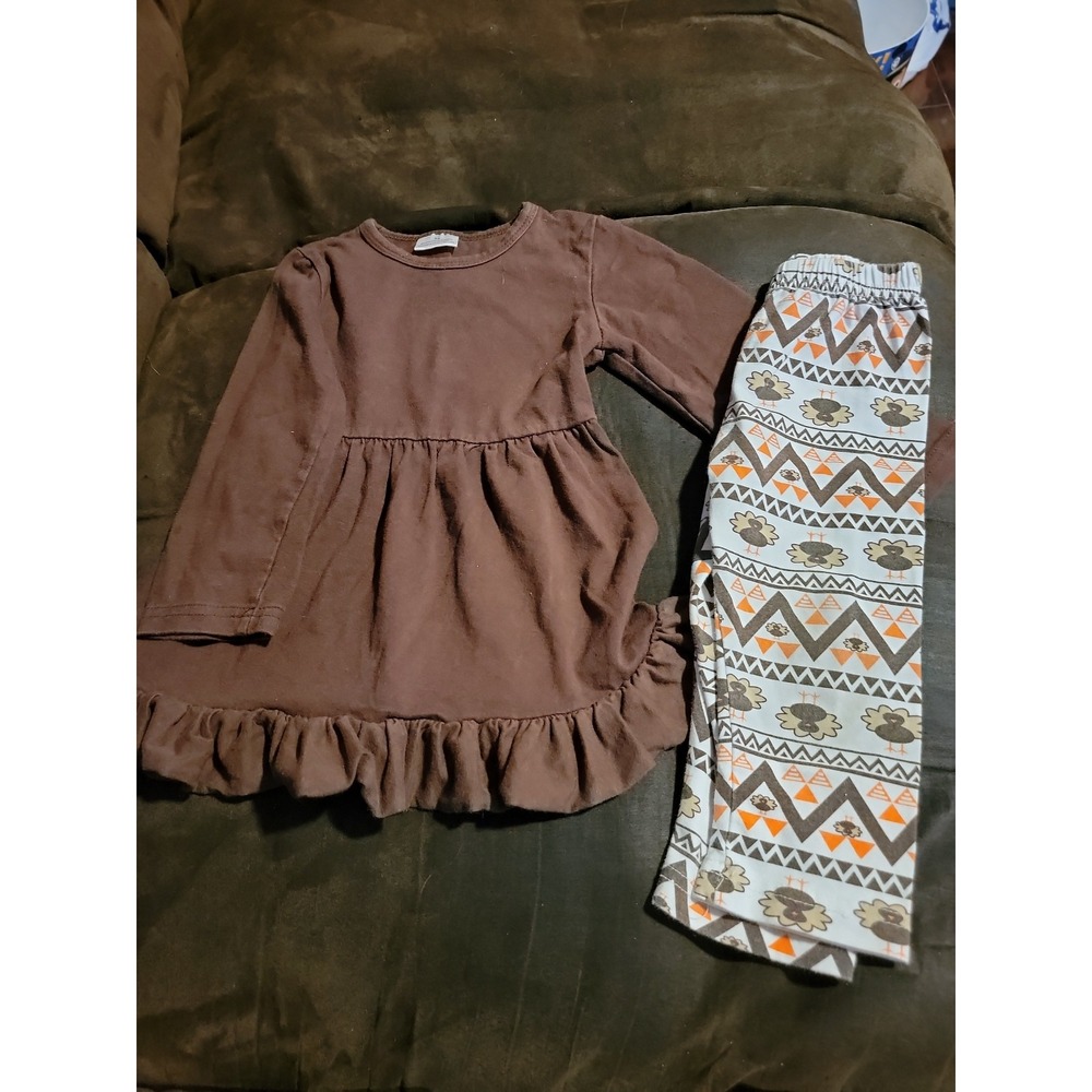 Boutique brown dress with turkey leggings Thanksgiving size‎ XS 12 18 months